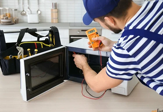 Technician repairing a microwave on a countertop, illustrating expert oven repair services in La Grange, KY.